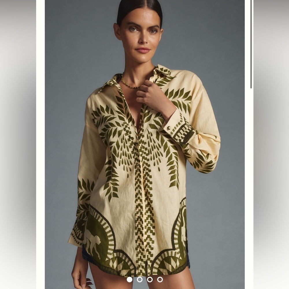 Women’s Beige & Olive Printed Button-Down Shirt